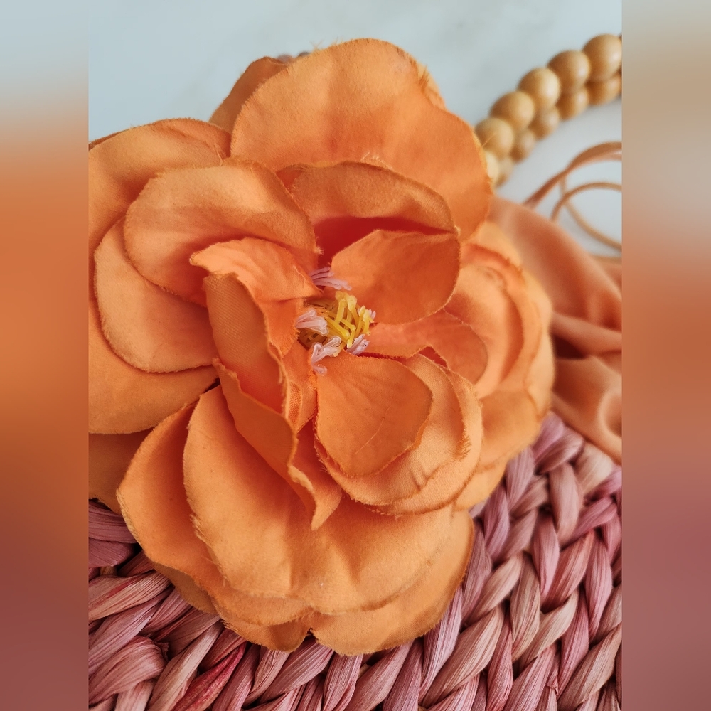 Orange Woven Summer Raffia Handbag with Gorgeous Orange Flower Accent - Picture 9 of 12